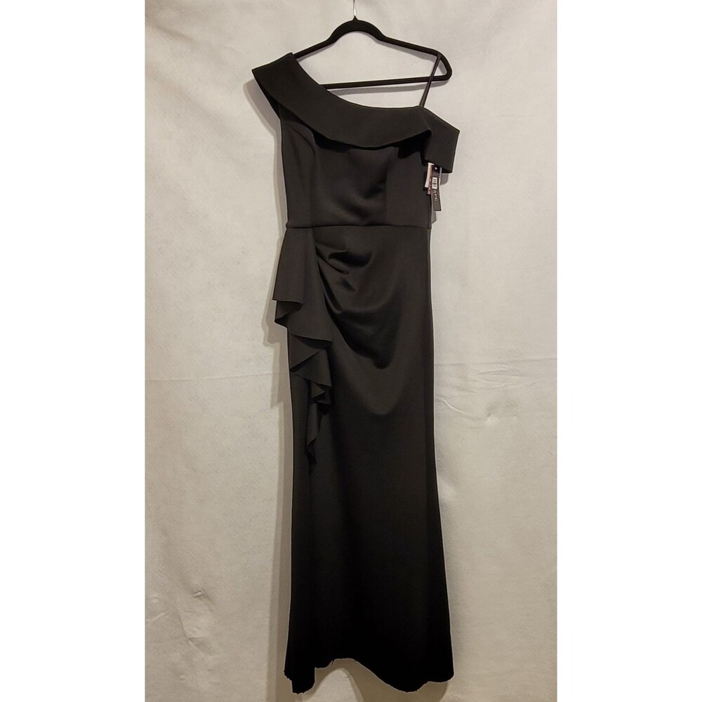 NEW XSCAPE Ruffle One-Shoulder Scuba Knit Maxi Gala Gown Black Size 10 NWT $279 - Picture 2 of 10